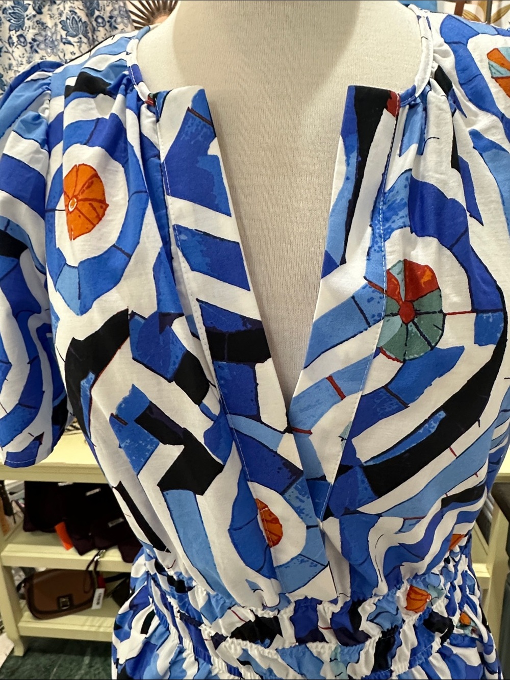 Anthropologie Blue Geometric Print Tiered Maxi Dress with Orange Accents. - Picture 5 of 8